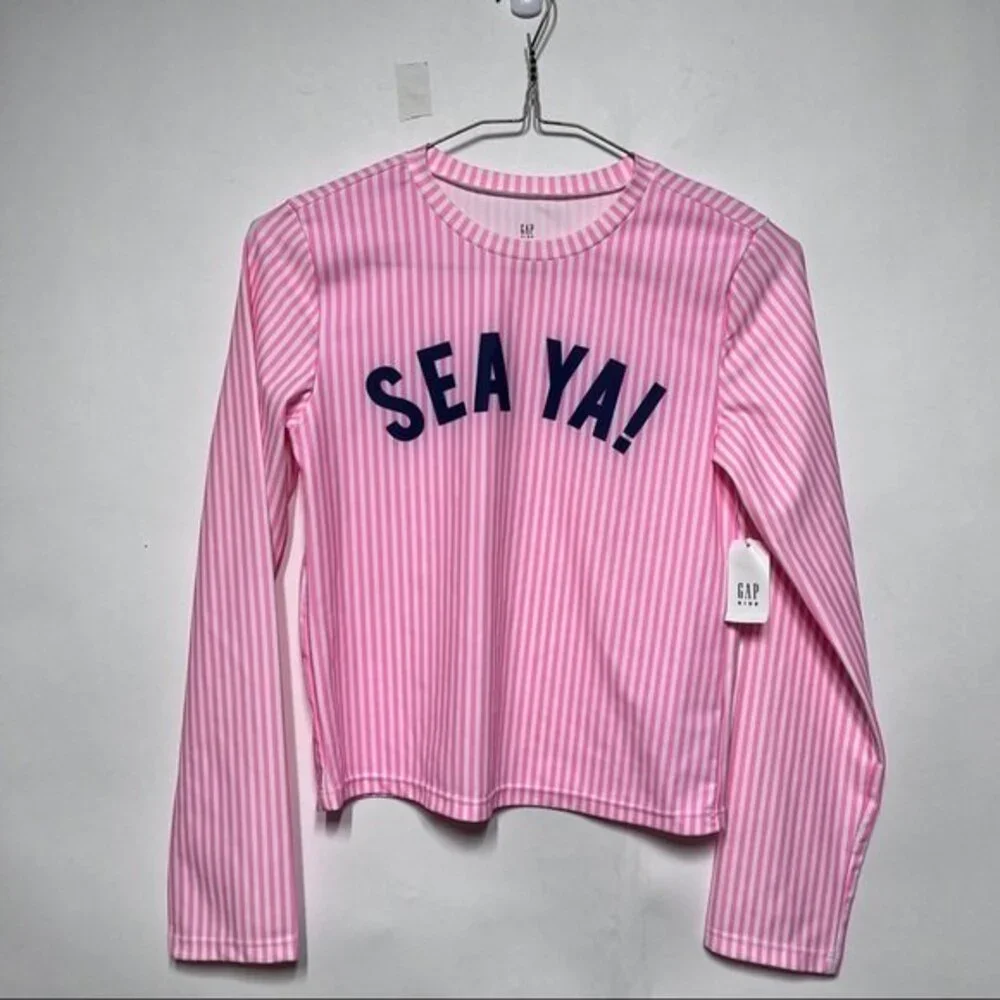 Gap Kids Sea Ya Graphic Rash Guard Swim Shirt Long Sleeves Pink White Stripes XX